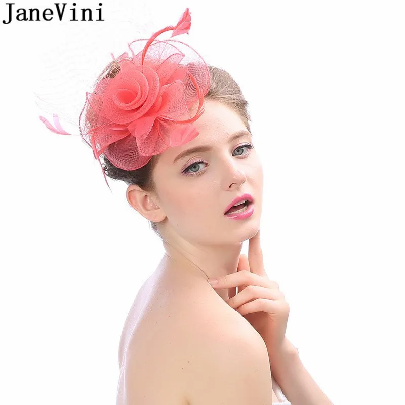 JaneVini White Wedding Hats for Women Elegant Fashion Fascinators Feathers Net Banquet Bridal Hat Clip haar accessoires bruid