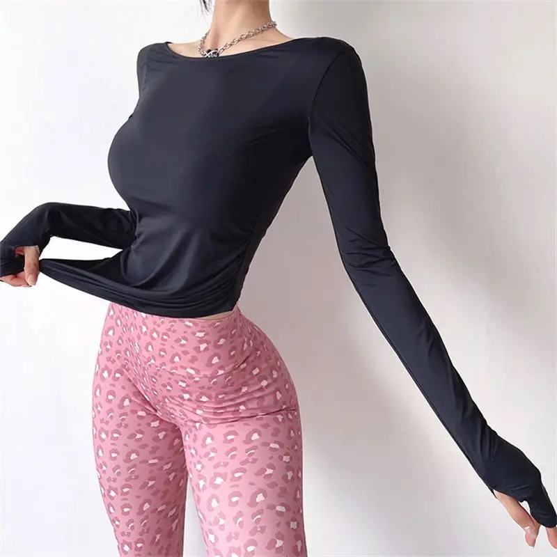 Tops For Women Sport Long-Sleeved Sexy V-Neck Cropped Fitness Gym Clothes Self-Cultivation Quick Dry Training Running Yoga Shirt