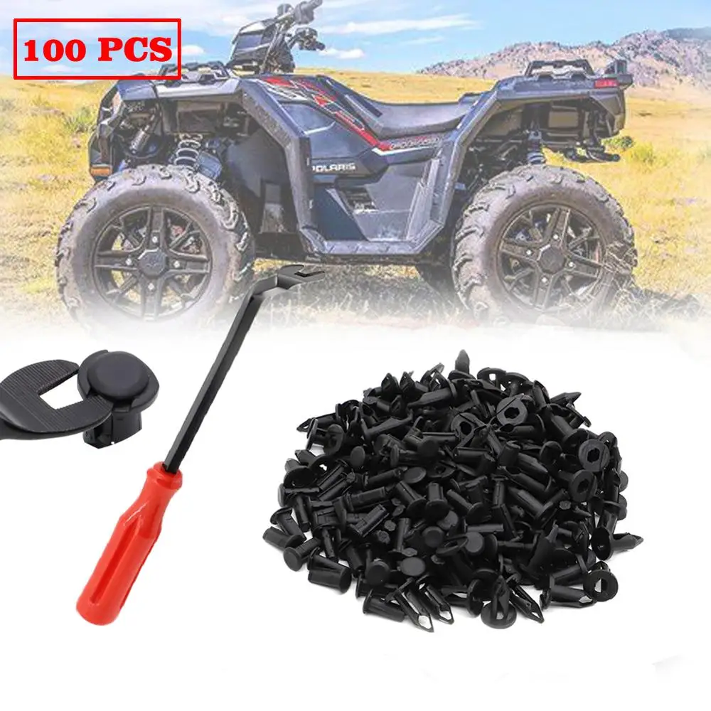 100 x UTV ATV Plastic Fender Clips Body Rivets with Fastener Remover for Polaris Predator Rangers RZR Scrambler Sportsman