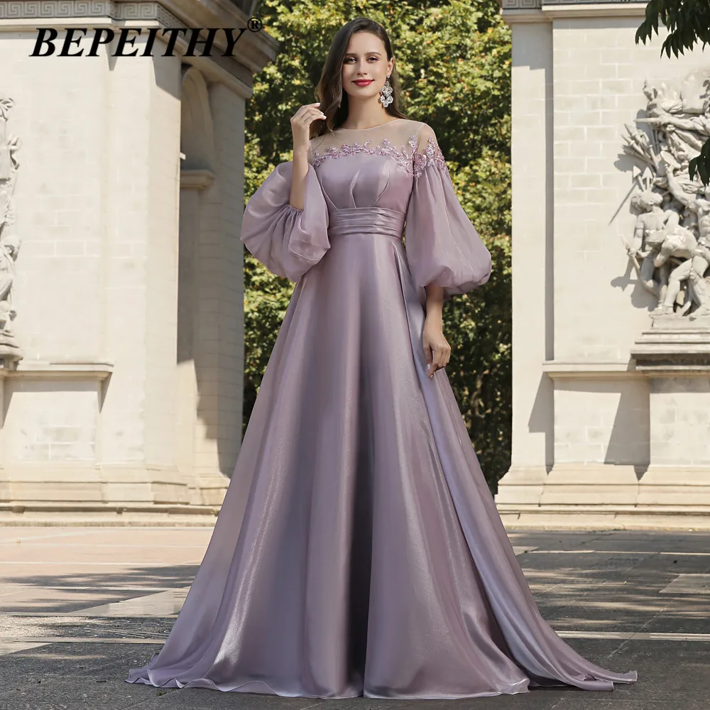 BEPEITHY Customized New O Neck Long Evening Dress With Puffy Sleeves Pink A Line Lace Vintage Prom Dresses 2023 Party Gown