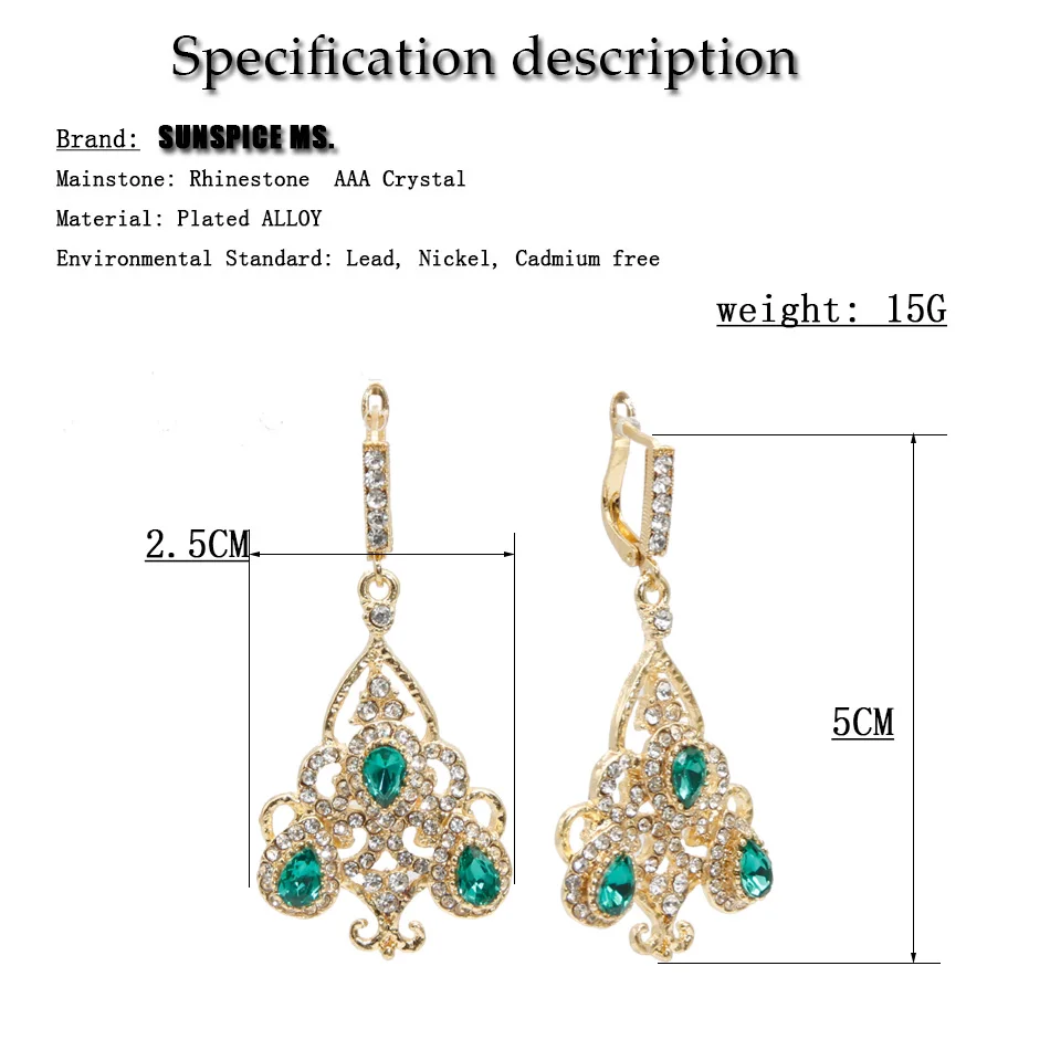 Sunspicems Ethnic Morocco Wedding Earring Gold Color Full Rhinestone for Women DuBai Bridal Jewelry Hook Dangle Ear Pendants
