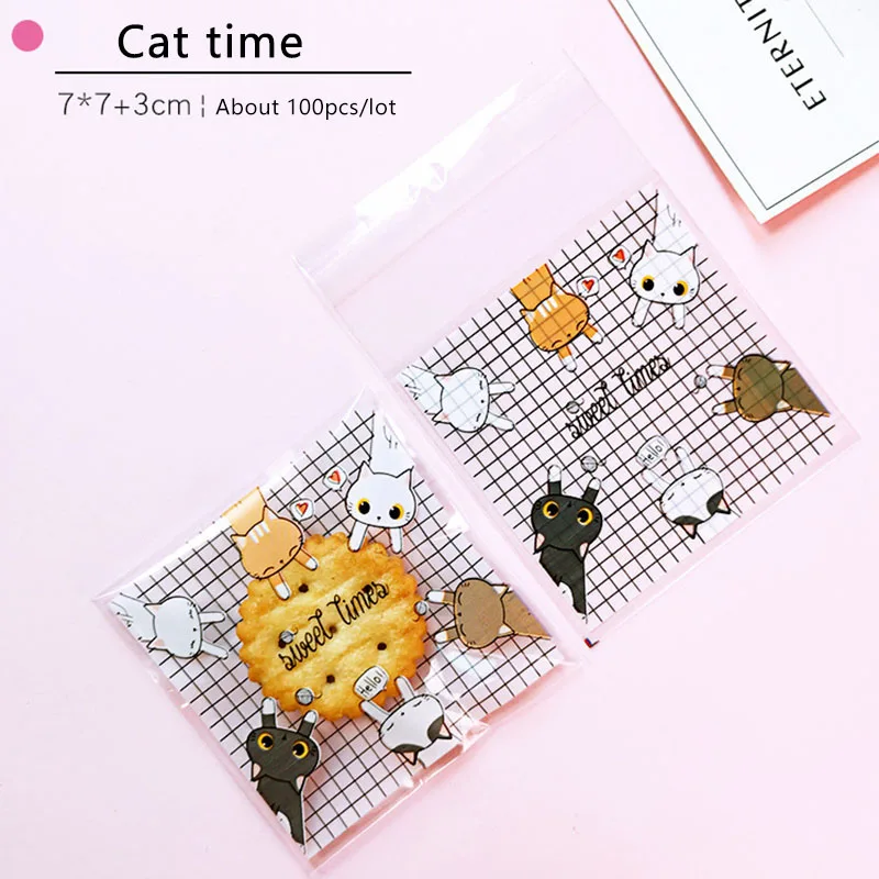 100pcs/lot Plastic Cookies Ziplock Bag Transparent Grid Cartoon Cat Handmade Snack Food Packaging Bags Party Nougat Wrapper Bag