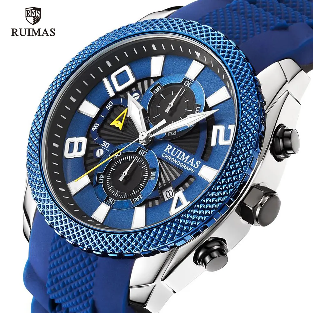 

RUIMAS Military Sport Wristwatch Man Luxury Top Brand Chronograph Quartz Watches Men Waterproof Blue Silicone Watch Luminous 584