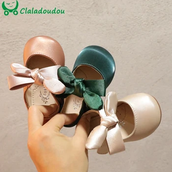 12-15.5cm Brand Baby Girls Green First Walkers, Cute Bowknot Little Girls Spring Autumn Pu Leather Shoes, Solid Pure Flats Shoes