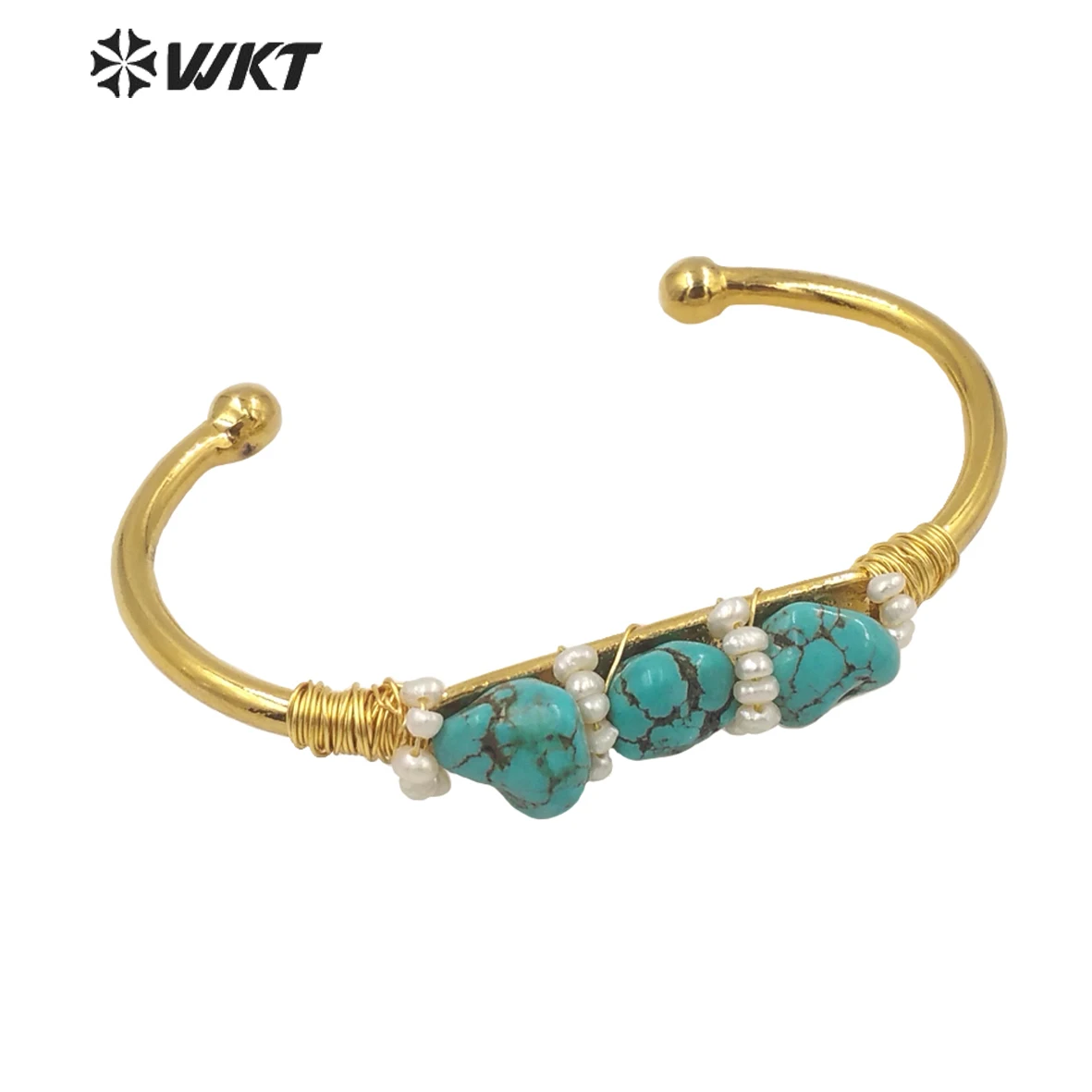 

WT-B574 Unique Precious Handmade Natural Green Turquoises Wire Wrapped Stone Bangle With Pearl Charm Gold Plated