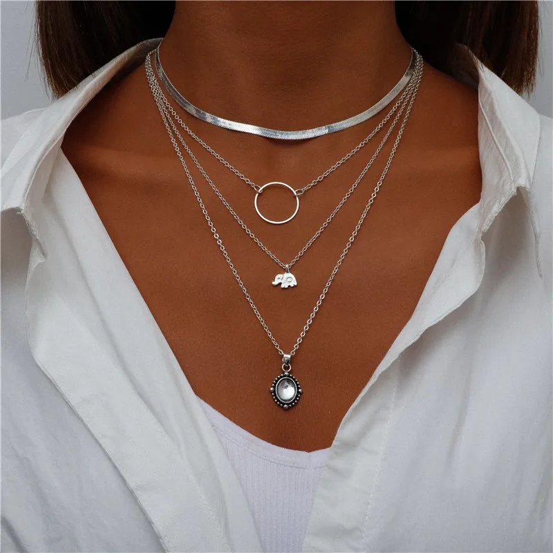 Vintage Mehrschichtige Mond-Münzen-Hamsa-Hand-Kettenhalsketten für Frauen, Boho Elefanten-Herzen-Anhänger Halsketten Schmuck – Detail 15