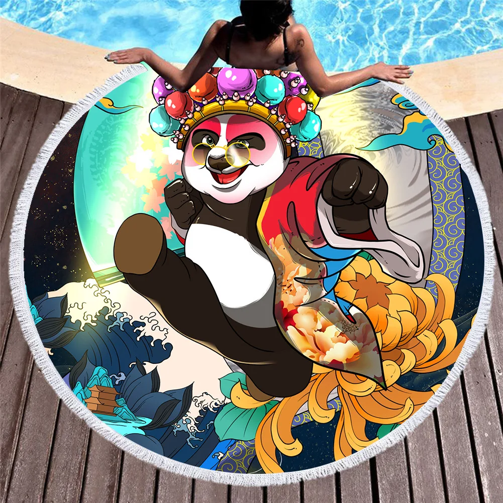 Round Beach Towel with Tassel Microfiber Bath Towel Guochao Opera Panda Shower Towel Kids Sport Swimming Towel 150cm Yoga Mats