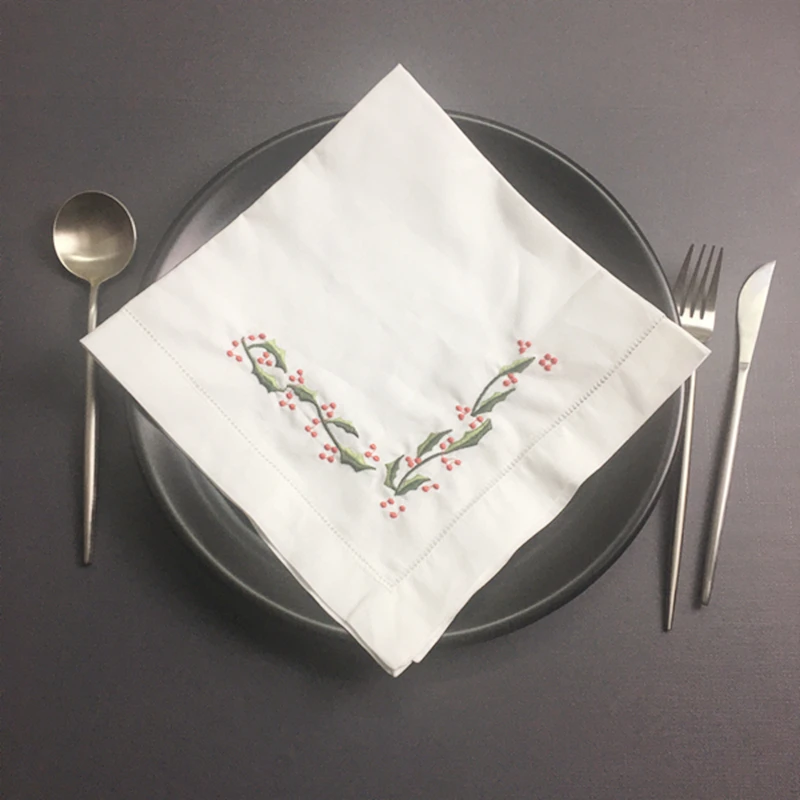 Set von 12 Taschentücher Weihnachten Abendessen Servietten weiß Hemstitched leinen Serviette Farbe Gestickte Blumen 18x1 8/20x20-inch