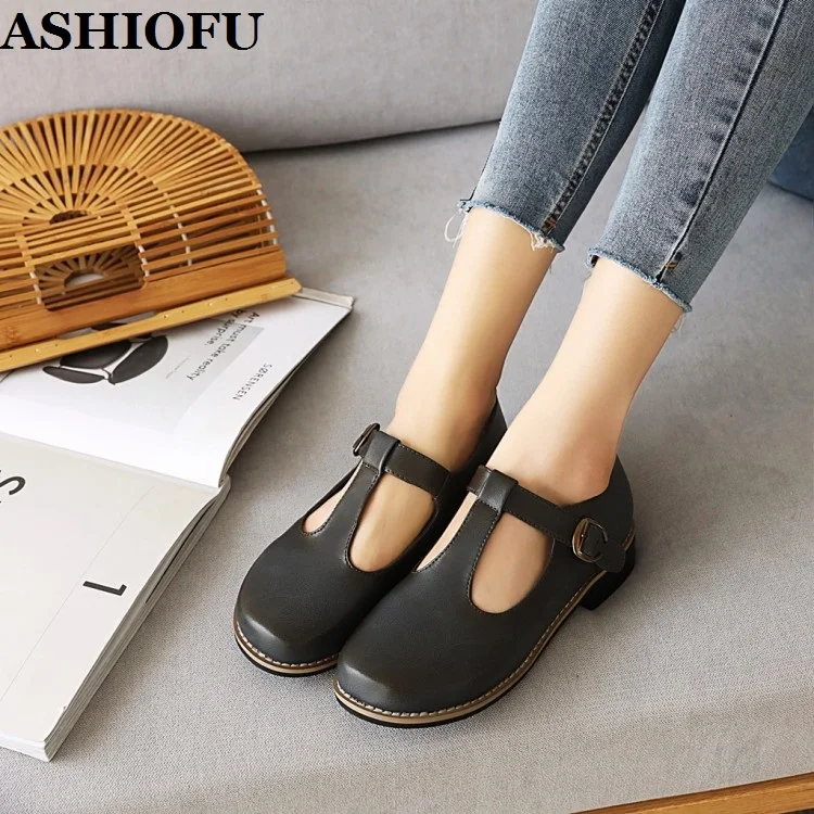 ASHIOFU Handmade New Ladies Pumps T-strap Blocked Heels Casual Party Dress Shoes Large Size Fashion Boat-style Daily Wear Shoes