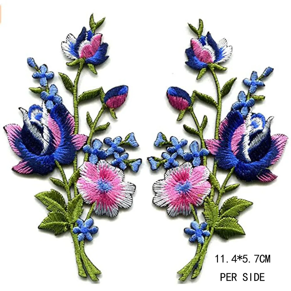 1 Pair Pink blue Roses Pair Flowers Floral Bouquet Boho Embroidered Appliques Iron-on Patches New