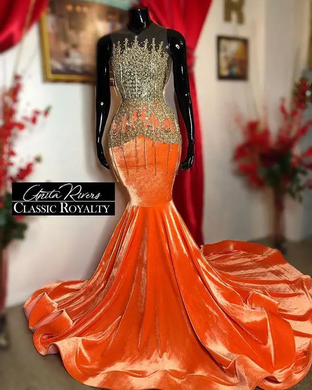 Lange Oranje Mermaid Prom Dresses 2021 Kralen Crystal Afrikaanse Plus Size Vrouwen Formele Partij Avondjurken