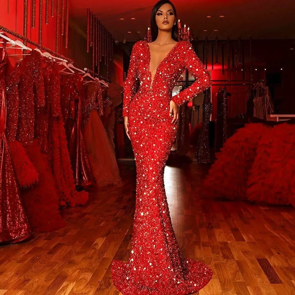Seksowna sukienka z głębokim dekoltem w szpic z cekinami Czerwona sukienka bodycon Night Club Prom Wedding Party Dresses Women Evening Elegant Long Maxi Dress