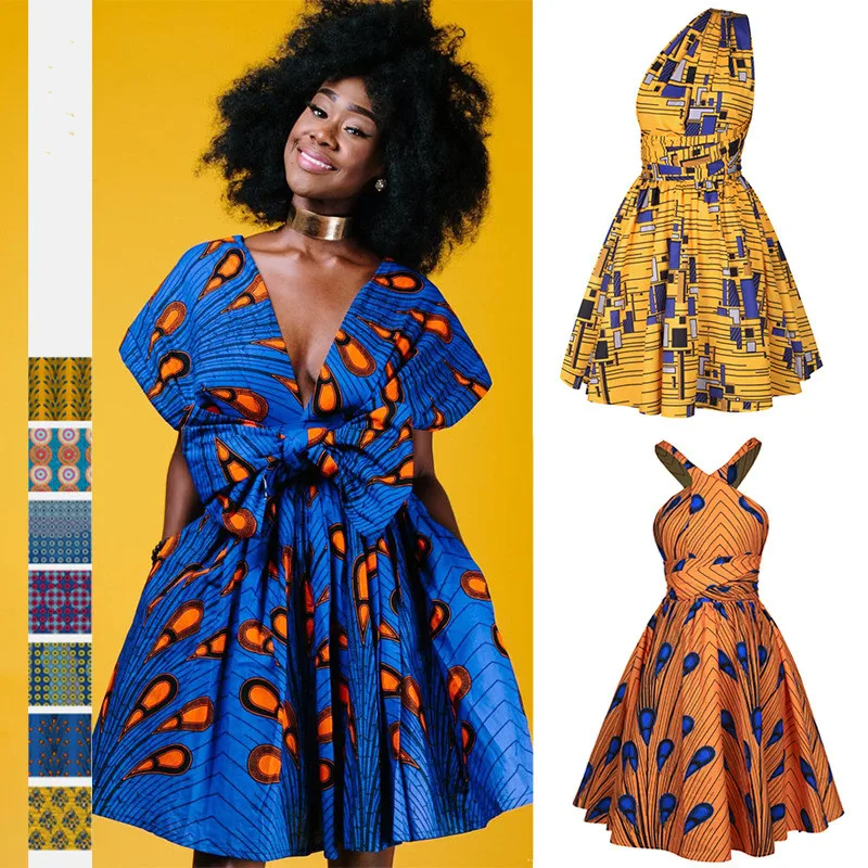 

African hot style women's clothing element digital printing DIY multi-wear strappy pleated nightclub sexy v-neck dress