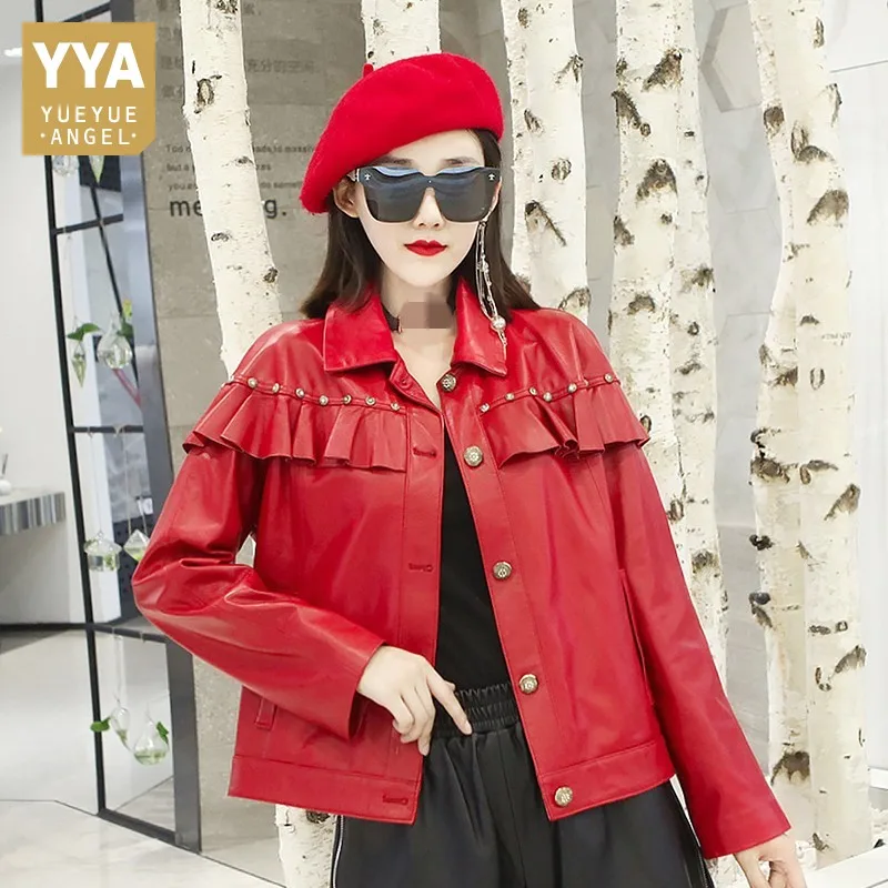 Womens Ruffle Sheepskin Coat Streetwear Short Genuine Leather Jackets OL Style Elegant Party Single Breasted Red Outerwear M-3XL