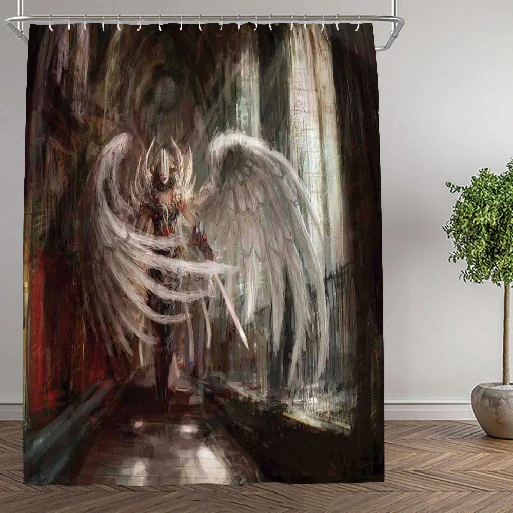 Fantasy Decor Shower Curtain Decorative Cyborg Angel Girl with Sword in Gothic Ancient