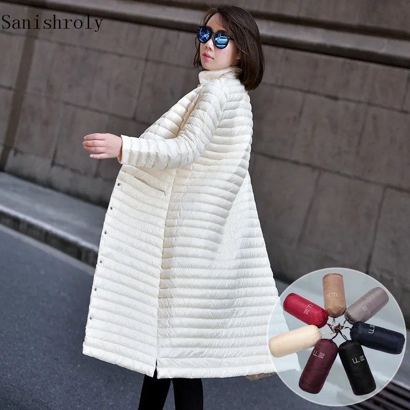 Sanishroly 2022 Autumn Winter Women Long Coats Ultra Light Down Coat Puffer Parkas Female Stand Collar White Duck Down Jacket