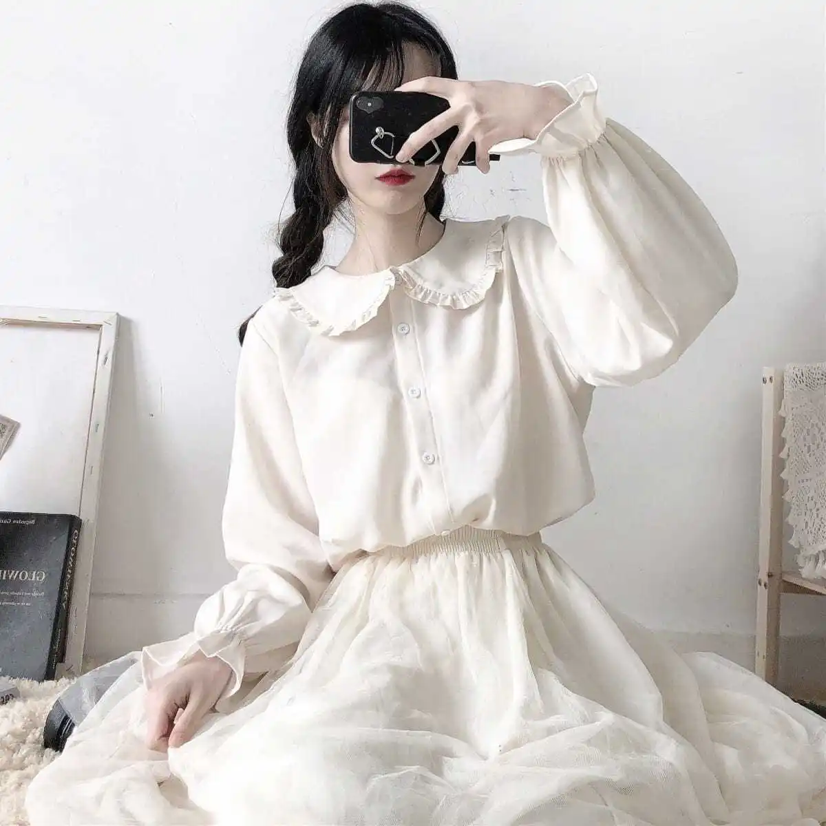 Peter Pan Kragen Süßes Hemd Frauen Lolita Japanische Kawaii Bluse Puff Langarm Elegante Weiße Weibliche Top Grundlegende Schule Shirts – Detail 1