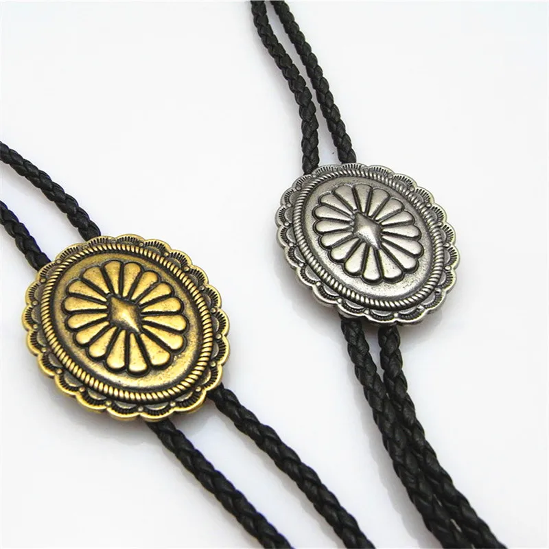 Bolo tie New Retro Shirt Chain Oval Shield Poro Collar Leather Necklace Long Tie Pendant