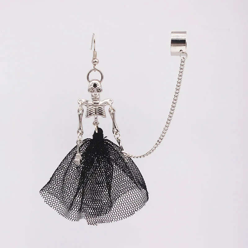 Lange Baumeln Ohrring Punk Dark Gothic Skeleton Braut Winken Schwarz Gaze Rock Einzel Ohr Stud Ohr Clip Gefälschte Piercing 2023 brincos