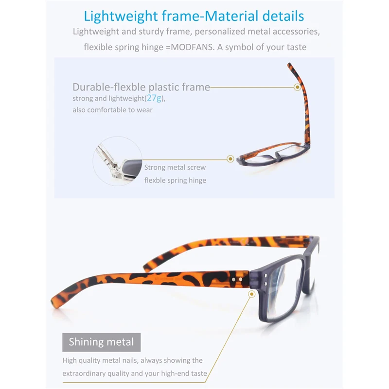 MODFANS Men Women Reading Glasses Classic Square Frame Spring Hinge Lightweight with Diopter MSR034