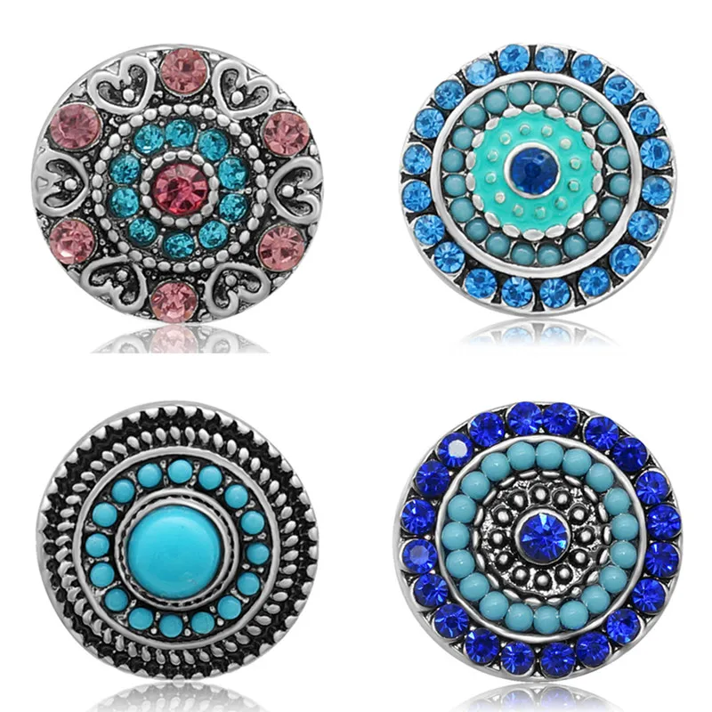 New Round Rhinestone beads blue style Dots flowers 18MM snap buttons fit DIY 18MM snap bracelet snap jewelry Gift