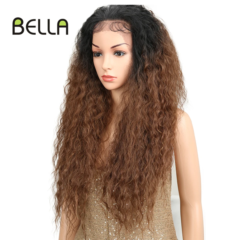 Bella Kinky Curly Wig Synthetic 13*6 Lace Front Wig With Baby Hair Heat Resistant Fiber Ombre Brown Cosplay Wigs For Black Women