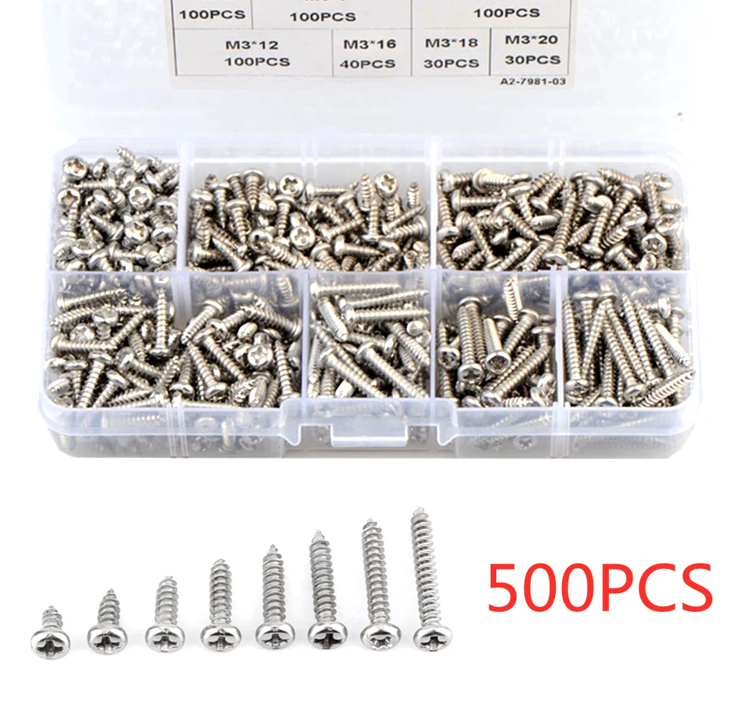 500pcs M3 stainless steel 304 Cross Pan Head Self Tapping Screw Combination Set Phillips Round Head Screw Kit