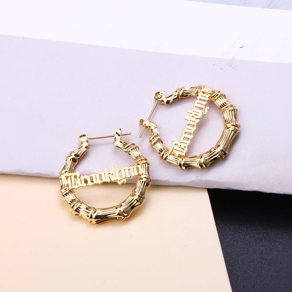 Gold Custom Bamboo Name Earrings Personalized Nameplate Hoops Hip Hop 30MM-100MM Earrings For Women Jewelry Gifts Christmas Gift