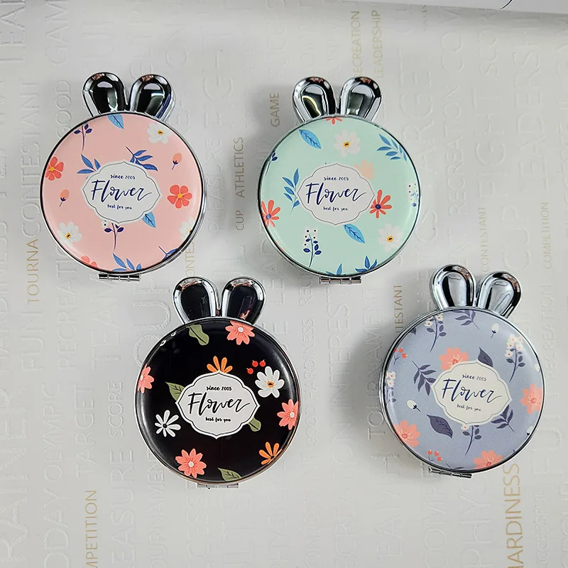 Espejo plegable de doble cara con Orejas de conejo para maquillaje, espejo redondo con aumento de 2 aumentos, portátil, de Metal, a la moda