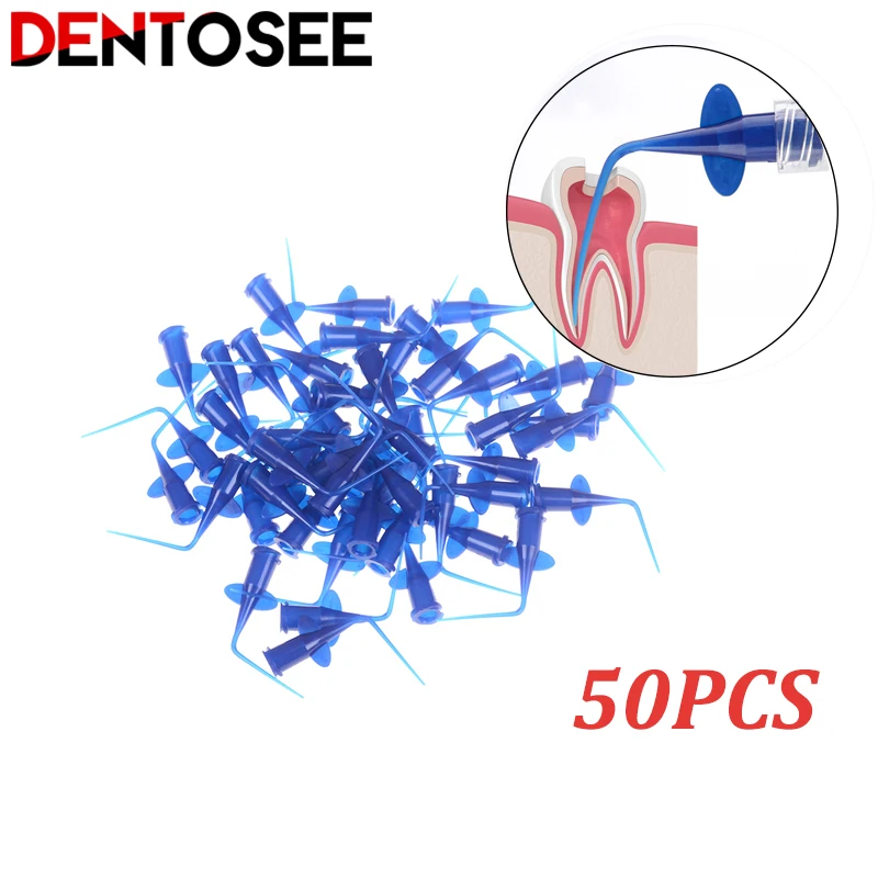 Puntas de riego Dental para blanqueamiento Dental, punta de jeringa desechable azul, puntas de riego Dental para dentista, 50 unidades