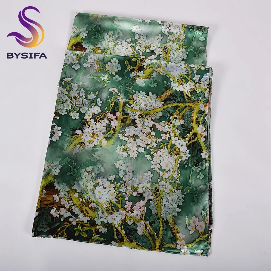 [BYSIFA] Silk Scarf Shawl Femmes Foulard New Magnolia Design Ladies Double Faces Long Scarves Printed Beige Pink Hijabs160*70cm