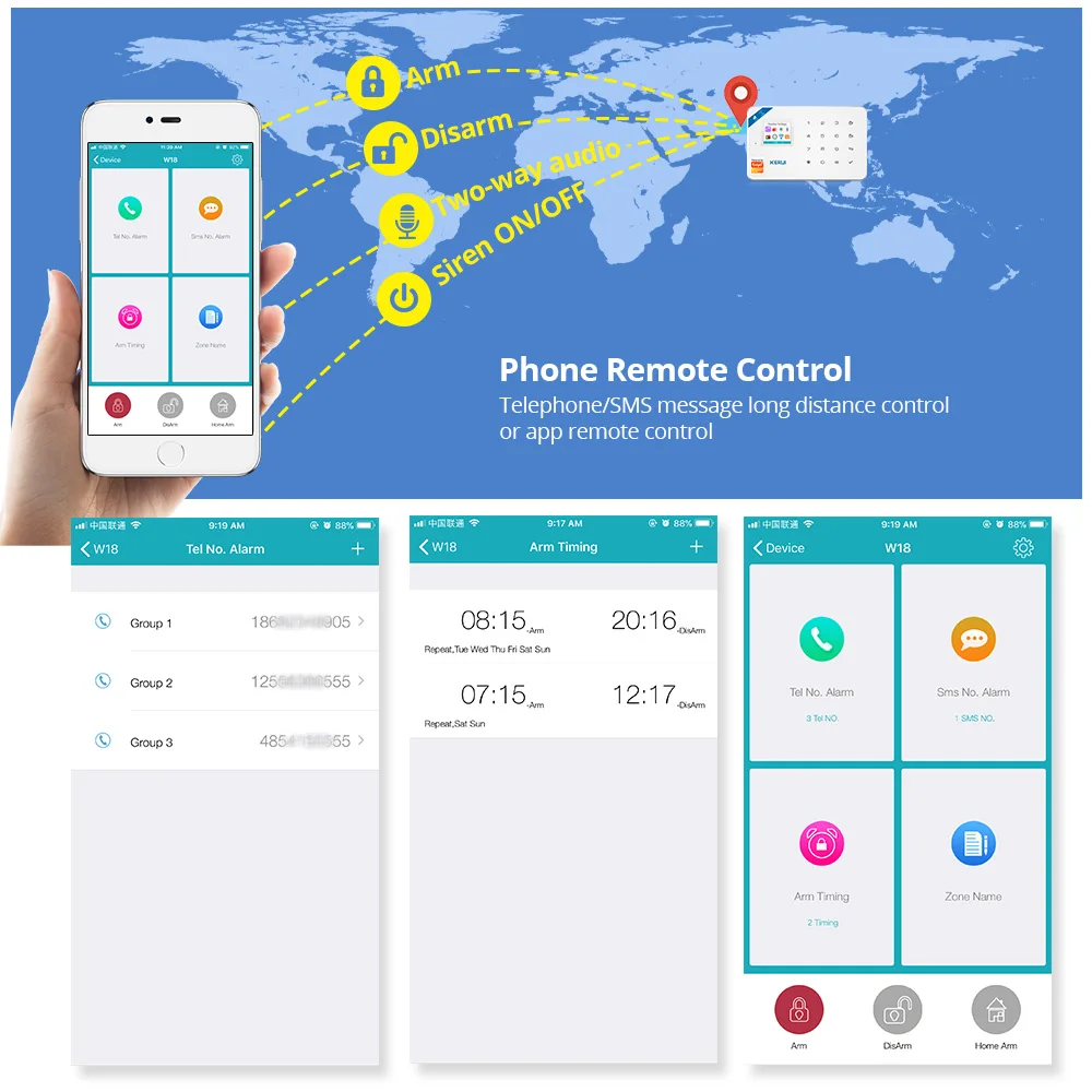 투야 와이파이 도난 경보 시스템, 홈 보안, GSM IOS 안드로이드 앱 제어, 자동 다이얼, LCD GSM SMS 도난 경보 시스템, 최고 W181