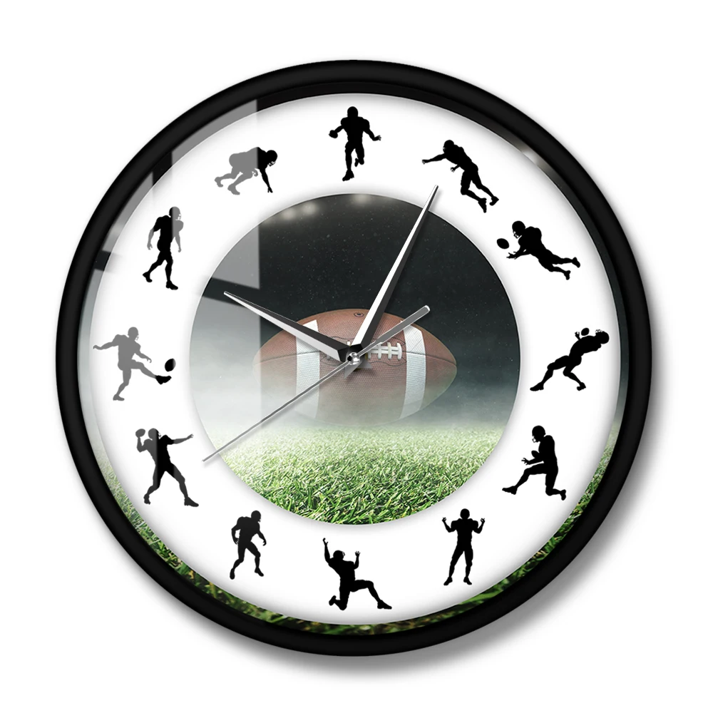 American Football Modern Design Wall Clock Football Player Silent Non-Ticking Hanging Wall Watch Sports Art Rugby Fan Home Decor