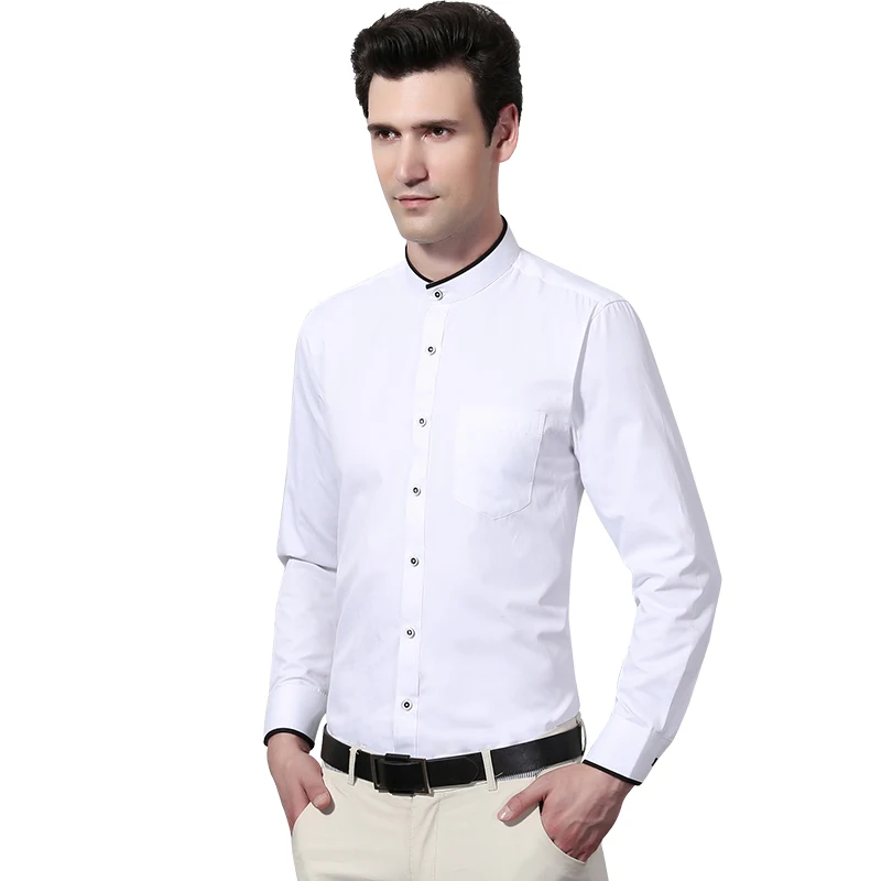 Mandarin Collar Business Formal Shirt Men\'s Solid Color Dress Shirt Office Wear White/Black Color Asian Size