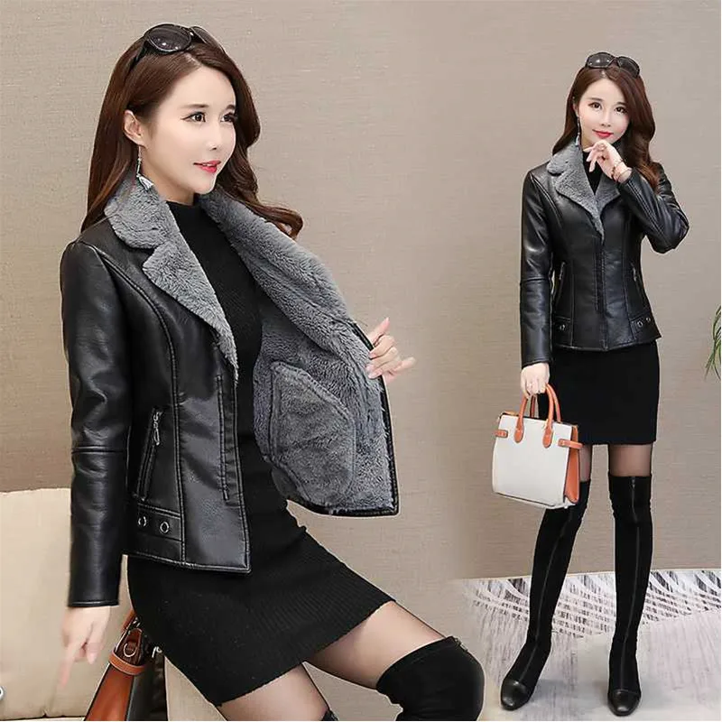 UHYTGF Winter Leather Jacket Women Fashion Fleece PU Leather Short Coat Korean Wild Thick Slim Warm Leather Jacket Female 3XL208