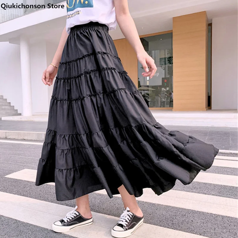 Qiukichonson Summer High Waist A-Line Ruffle White Black Long Skirts Womens Maxi Skirt Chiffon Rokjes