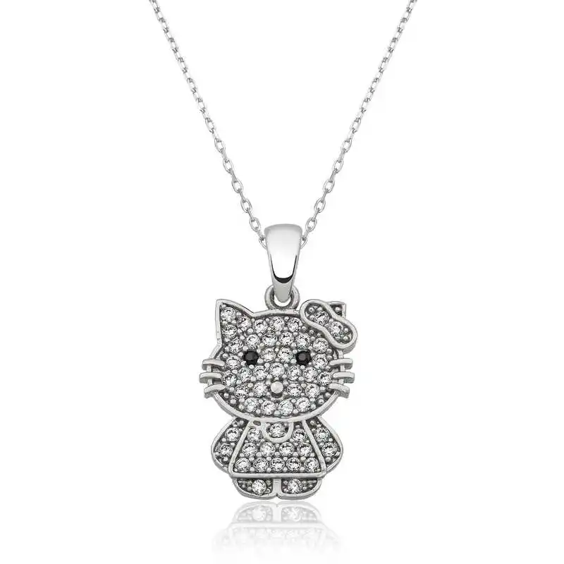 Silver Cat Lady Necklace 925 Sterling Women Fine Jewelry Wedding Party Birthday Gift - Box - Jeweled - Pendant - Chain Choker - Female - Ladies - Fashion