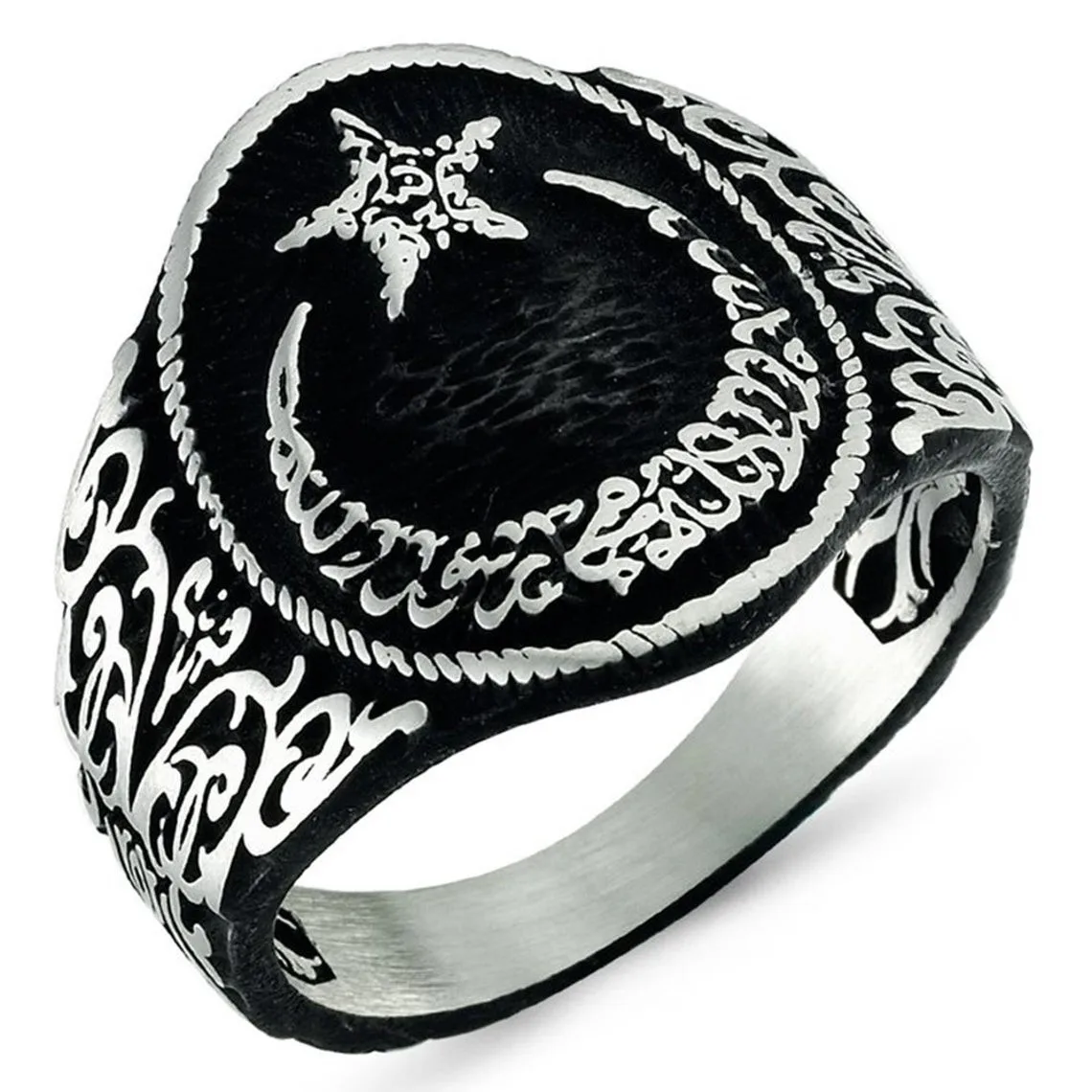 Solid 925 Sterling Silver Crescent Moon Star the Word Tawheed Islamic Men's Ring Special Ring Jewelry Accessory For Men