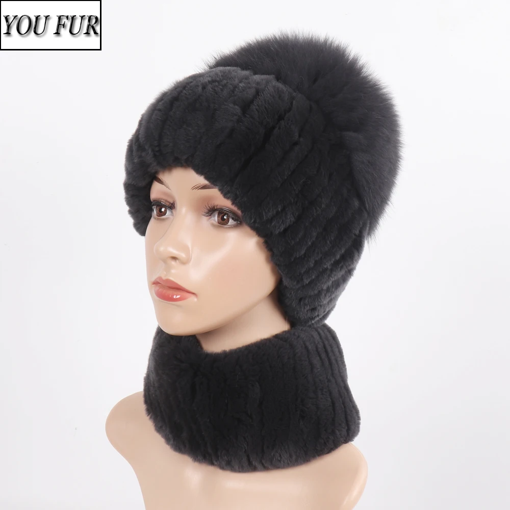 

Lady Good Elasticity Knitted Rex Rabbit Fur Hat Scarf Sets Top Fox Fur Hat For Women Winter Warm Real Rex Rabbit Fur Hat Scarves