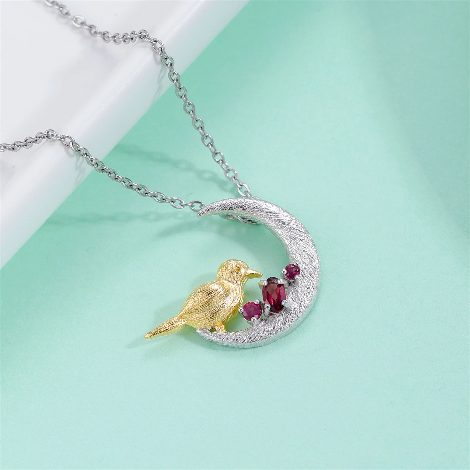 GEM'S BEAUTY 925 Sterling Silver Necklace For Women Moon 18K Gold Filling Bird Natural Oval Rhodolite Handmade Necklace