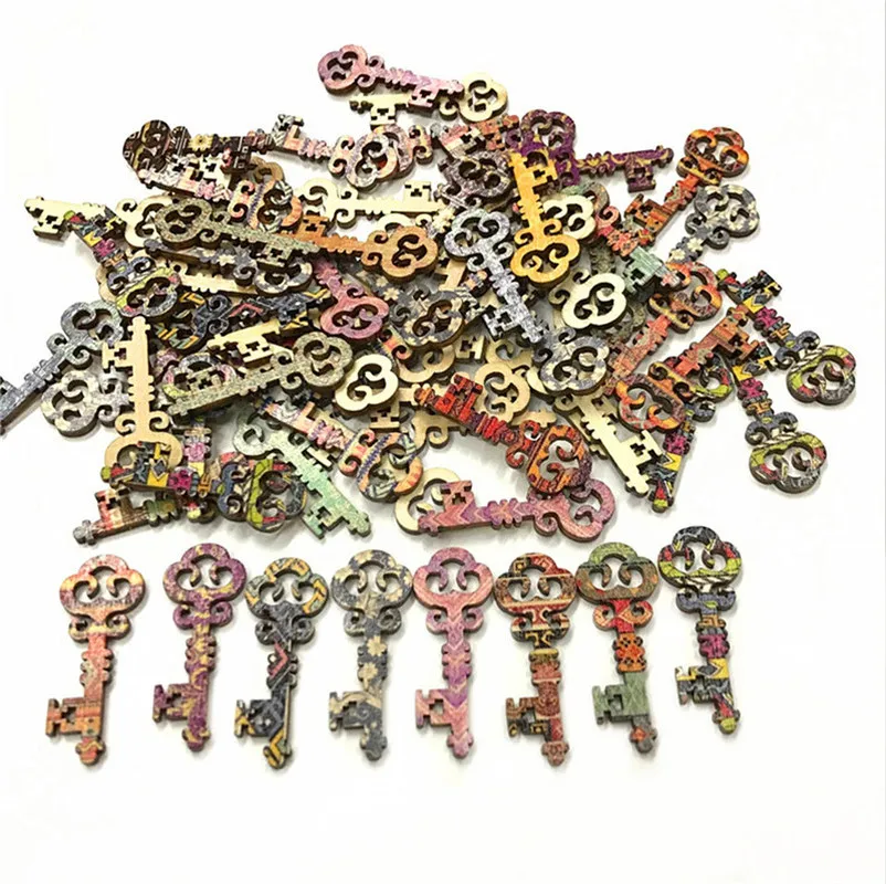 150PCS Painting Wooden Decorative Key for Handmade Scrapbooking Crafts Home Decoration Wooden Ornament Key Pattern DIY Crafts