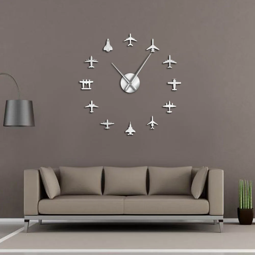 Flying Plane Fighter Jet Large Wall Clock DIY 3D Acrylic Mirror Effect Sticker Airplane Silent Watch Aviator Home Decor view 4