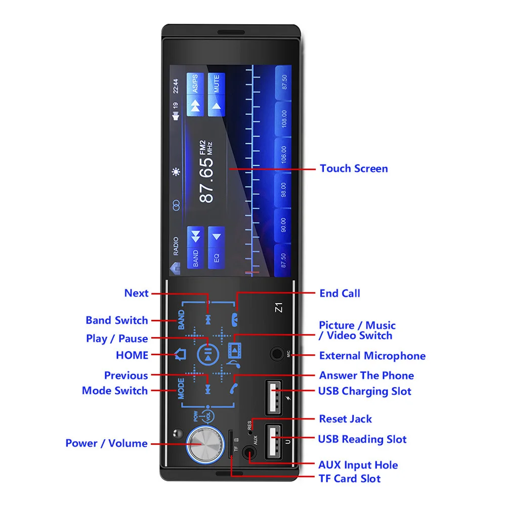 Bluetooth Auto FM Stereo Audio Radio Car MP5 Player 1Din Support Rearview Camera Steering Wheel Control 4.1 Inch Touch Screen