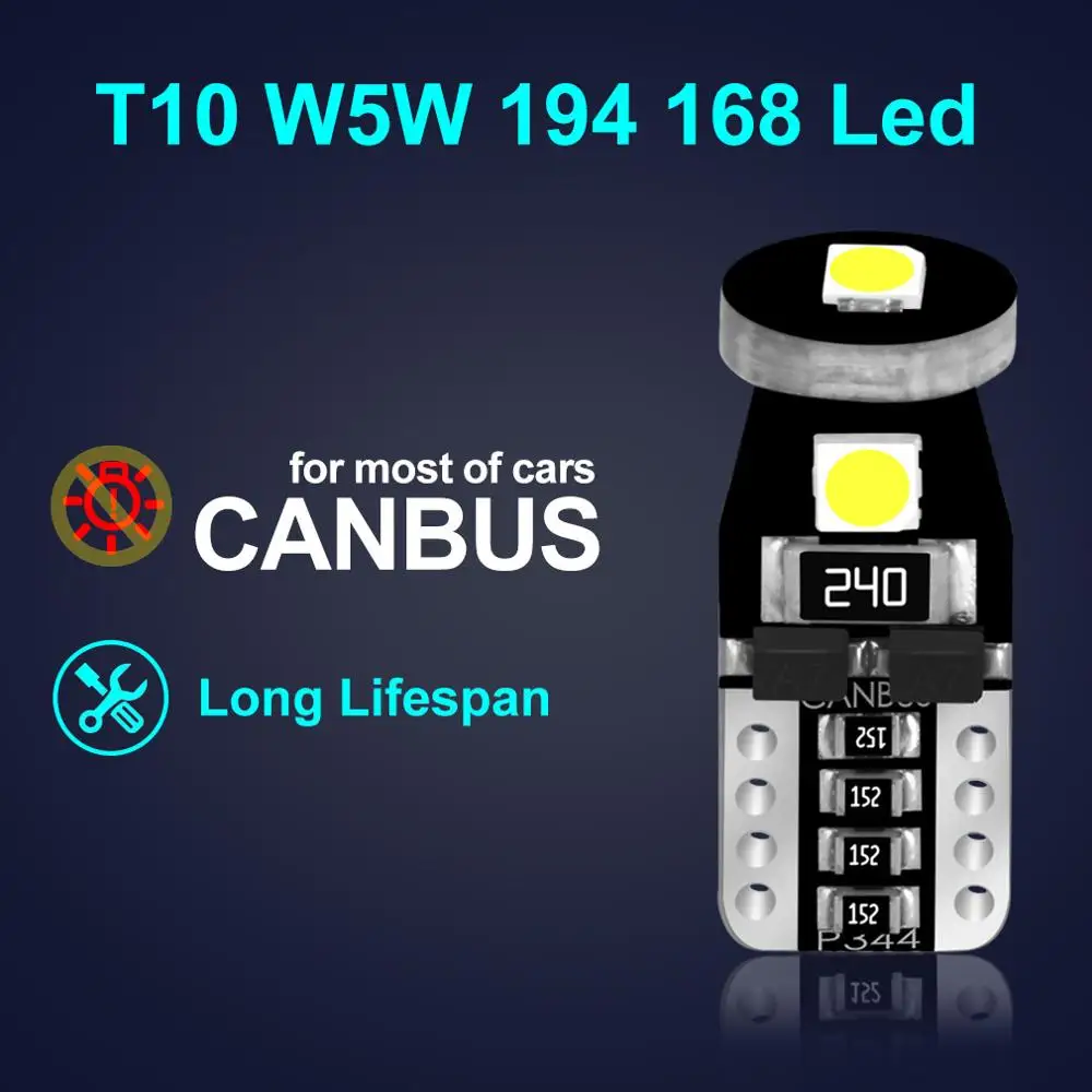 오류 없는 자동차 인테리어 돔 독서등 LED 전구, T10 W5W 캔버스, 501 168 192, LED 계기판 램프, 흰색 12V, 2 개