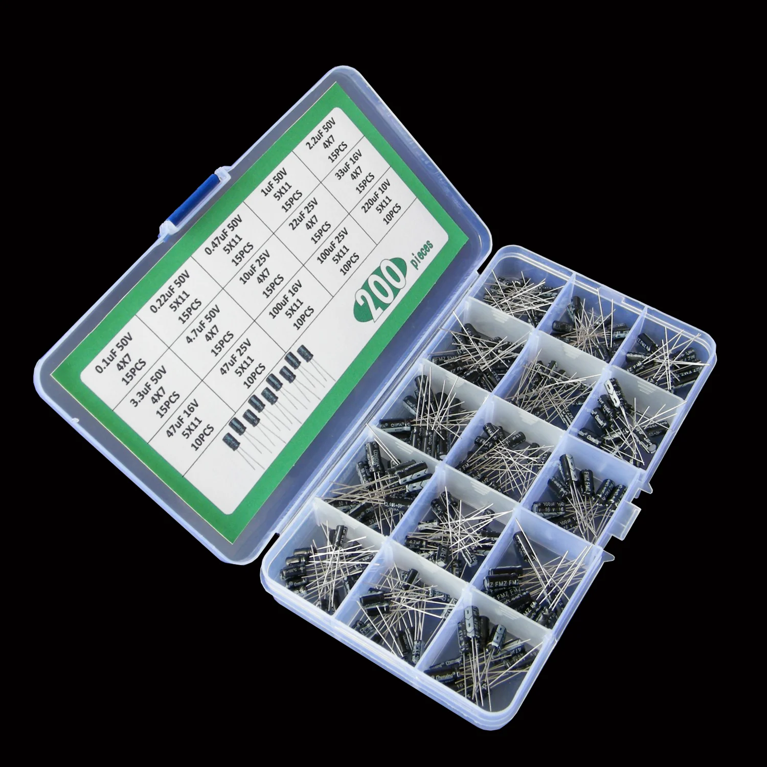 15Value 200PCS Aluminum Electrolytic Capacitor Kit 50v 25v 16V 10V 0.1/0.22/0.47/1/2.2/3.3/4.7/10/22/33/47/100/220uf Assort Box