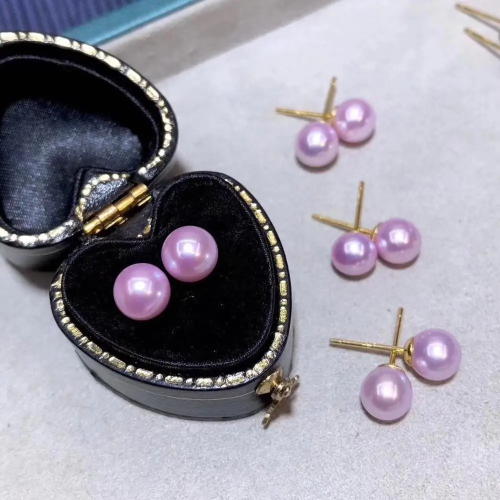 

D1214 Solid S925 Sterling Silver Round 7-8mm Fresh Water Sakura Pink Pearls Studs Earrings Fine Presents