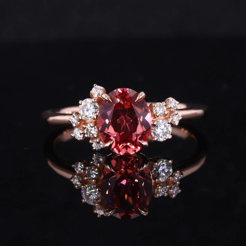 Cheerstar 14k Gold Lab Sapphire Padparadscha Oval 7x9mm With Lab Grown Diamond Melee Stone Ring