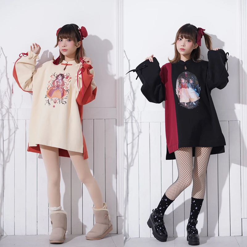 Mori girl colorblock printed loose sweater victorian top loose gothic girl cute student loli cos lolita dress kawaii girl