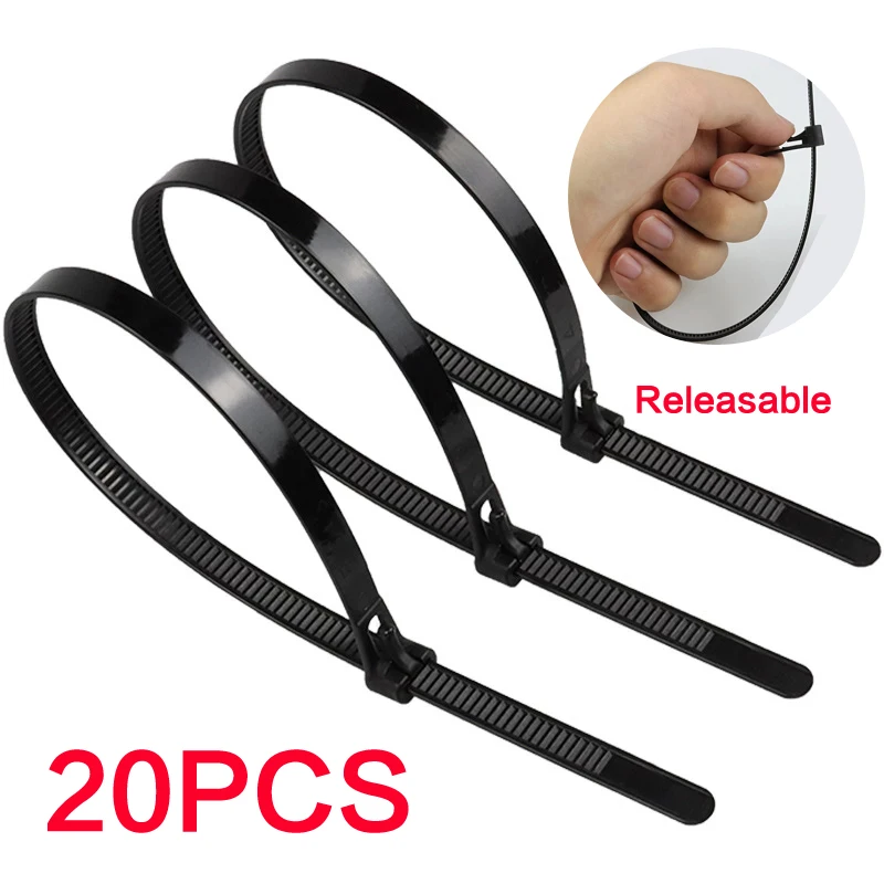 20PCS Nylon Releasable Nylon Cable Zip Ties Whtie/Black  5mm/8mm Retractable Reusable Plastic Wire Ties May Loose Slipknot