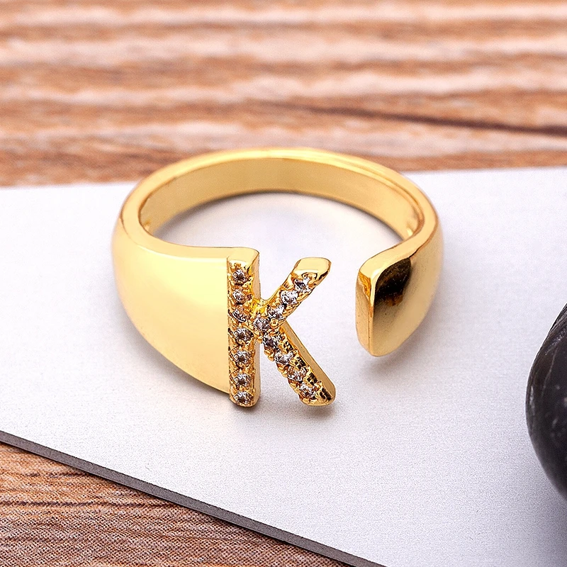 Fashion Chunky Wide Hollow A-Z Letter Gold Color Adjustable Opening Ring Initials Name Alphabet Female Party Wedding Jewelry